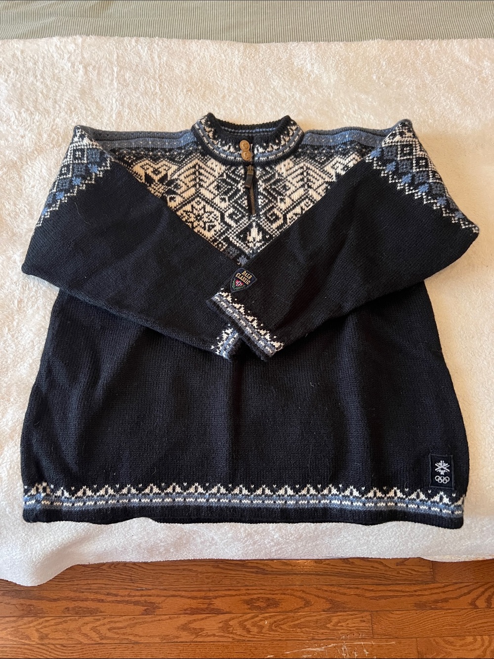 Dale of Norway Navy Zip-Up Fair Isle Sweater with White and Light Blue Accents